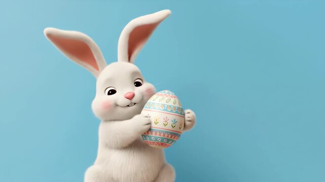 Cute rabbit holding decorated Easter egg against blue background with cheerful expressions for holiday card design