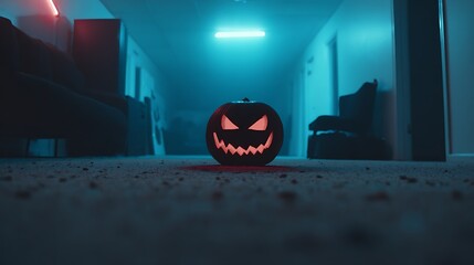 A Jack-o'-lantern glows menacingly in a darkened hallway with teal and red lighting