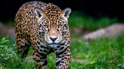 A jaguar, its spotted coat blending with the green undergrowth, eyes locked on the viewer