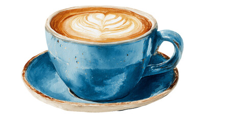 Watercolor Style Illustration of Latte Art in Blue Ceramic Mug and Saucer Isolated on Transparent Background, PNG