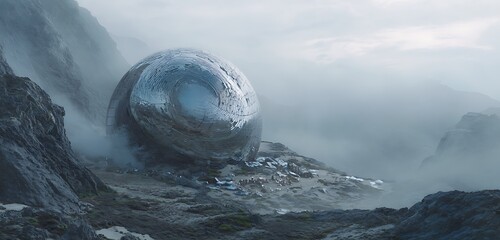 Chrome product orb showcasing tech tools on foggy alien plateau