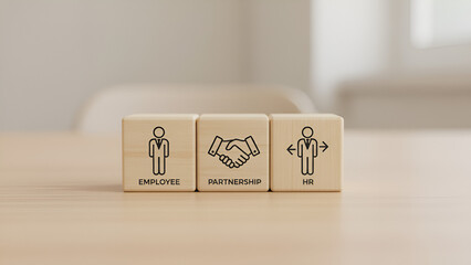 Collaboration and Teamwork: Wooden Blocks with People Icons and Handshake Symbol
