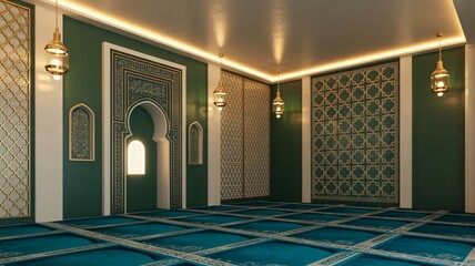 Serene Islamic prayer room with intricate designs and blue carpeting