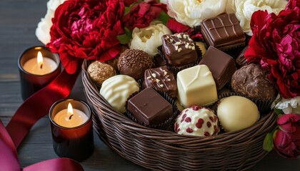Assortment of gourmet chocolates presented in a woven basket surrounded by vibrant flowers and glowing candles