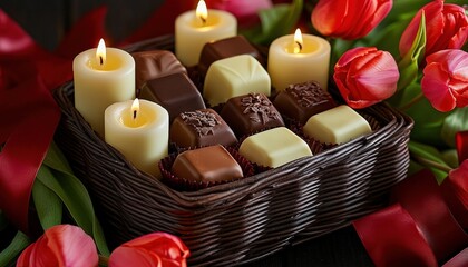 Burning candles illuminate an assortment of gourmet chocolates nestled within a woven basket surrounded by vibrant flowers