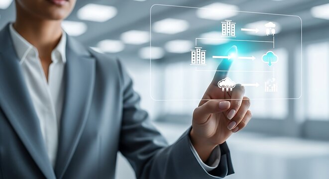 Woman in suit touching digital interface with flow chart icons business technology - Powered by Adobe