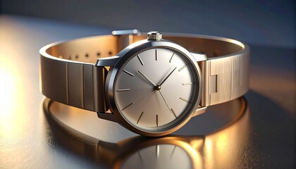 Minimalist smartwatch with metallic band on reflective surface, warm lighting, and blank analog face