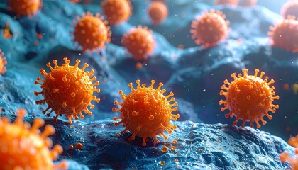 3D rendering of orange virus particles with spike proteins floating above textured blue cellular surface