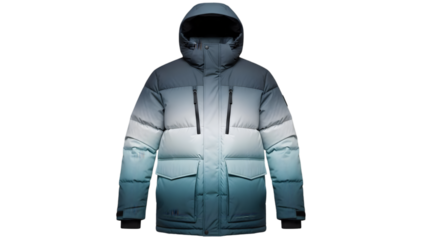 Mens puffer jacket with hood in blue ombre gradient, winter outdoor apparel isolated on transparent background