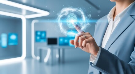 Woman's finger touches glowing fingerprint scanner in futuristic blue room scanning biometric