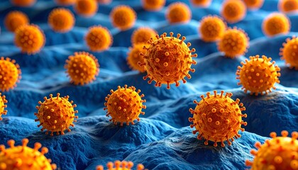 3D rendering of orange virus particles with spike proteins floating above textured blue cellular surface