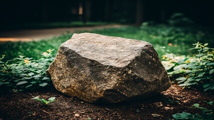 A large, textured boulder sits amongst vibrant greenery, with a blurred path in the background