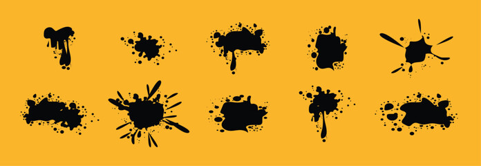 Spray graffiti brush strokes and black paint splatter collection with ink blotches, stencil design elements, curved lines, grunge texture, isolated vector shapes. Paint of drips, vector illustration.