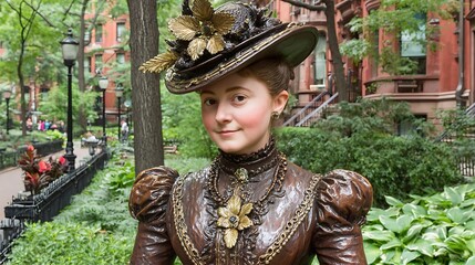 A lifelike statue of a woman dressed in Victorian era attire, set in a city park
