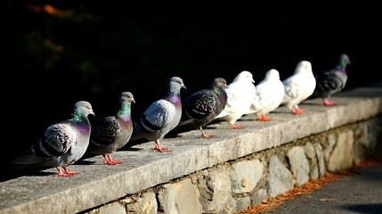 A line of pigeons, showcasing diverse plumage, perched on a weathered stone wall in sunlight
