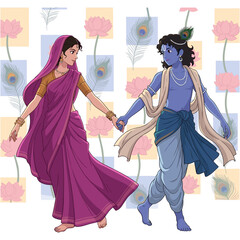 Radha and Krishna holding hands with background peacock feathers and lotus flowers pattern.