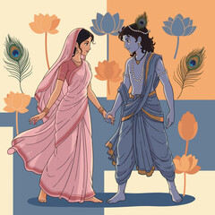 Radha and Krishna vector illustration, with decorative background peacock feathers and lotus flowers