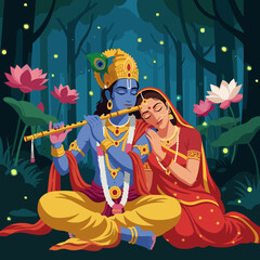 Radha and Krishna vector illustration, seated in a lush forest with night atmosphere