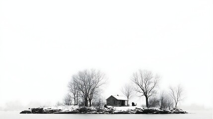 A monochrome photograph depicts a small island with snow-covered trees and a cabin