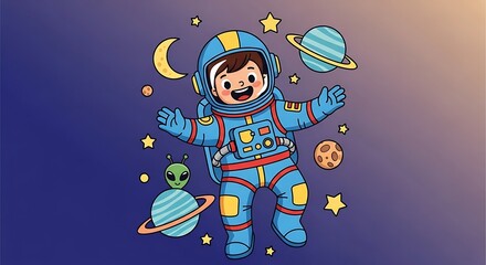 Cute Astronaut Floating Among Planets and Stars in Outer Space.
