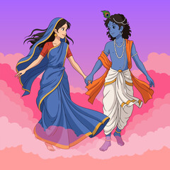 Radha and Krishna vector illustration, holding hands against a pink and purple gradient cloud background