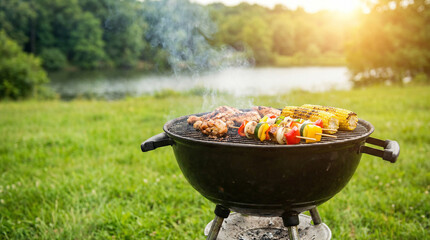 A barbecue grill cooking chicken, corn, and colorful vegetable skewers outdoors by a lake in summer with sunlight