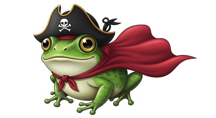 Obraz premium Cute Cartoon Frog Dressed as a Pirate with a Tricorne Hat and Red Cape.