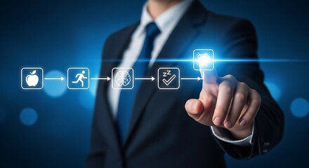 Businessman touching digital interface showing health and wellness icons hand screen