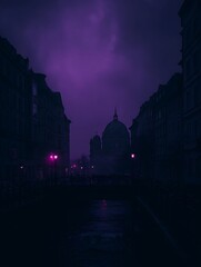 A moody, atmospheric street scene under a dramatic, violet-hued sky. Cathedral in distance