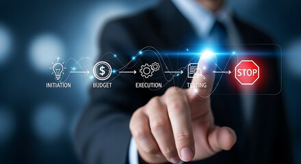 Businessman touching digital interface showing project stages initiation budget execution testing stop