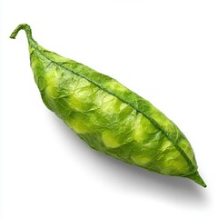 Close Up Of A Single Green Pea Pod Filled With Ripe Peas Against A White Background With Soft Shadow