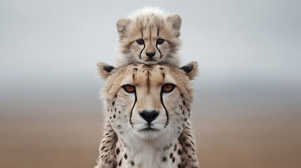 A mother cheetah gazes ahead, her cub perched atop her head, against a blurred background