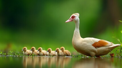 A mother duck and her ducklings by a pond. Focus on a happy family, nature's wildlife
