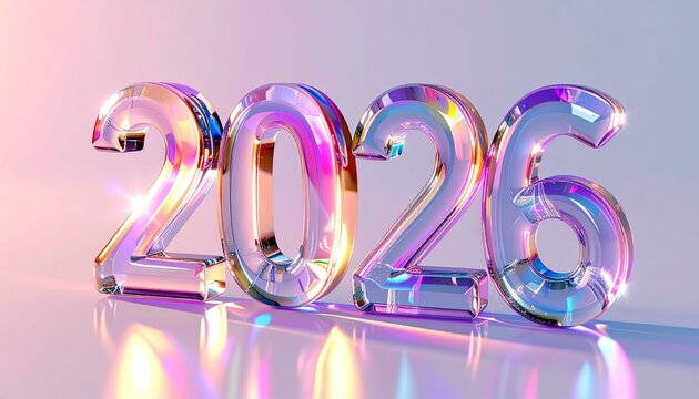 happy new year 2026 glass letter with chromatic aberration refraction dispersion