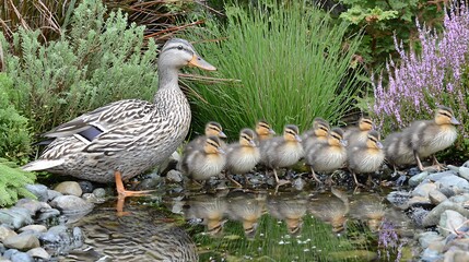 A mother duck and her ducklings by a pond with lush surrounding greenery