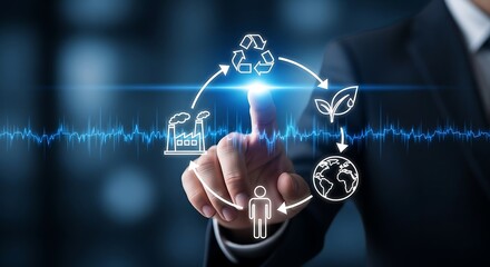 Businessman touching digital screen with environmental sustainability icons recycling industry