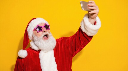 Cool Santa Claus taking a selfie with star sunglasses on a vibrant yellow background