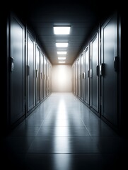 A long perspective of server racks in a data center with light at the end of the aisle