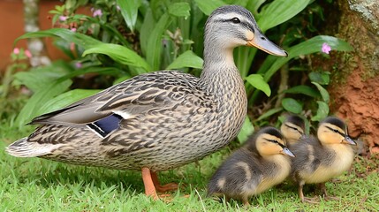 A mother duck stands with her three ducklings on the grass, plants are in the background