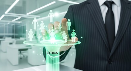 Businessman touching glowing human icons and the word ethics people
