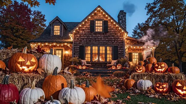 A cozy Halloween scene with pumpkins and lights at a rustic home.