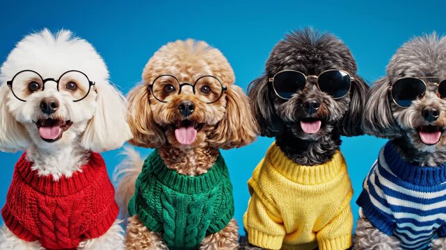 Stylish Dogs in Sweaters and Glasses - Four adorable dogs, likely poodles, pose in a row wearing colorful sweaters and glasses against a vibrant blue backdrop.