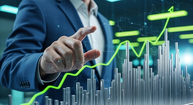 Businessman touching glowing green upward trending stock market graph finance growth - Powered by Adobe