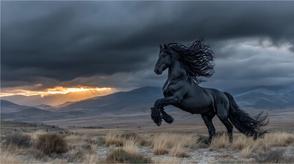 A majestic black horse rears amid a dramatic, stormy landscape at sunset
