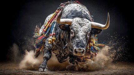 A majestic bull, adorned with colorful trappings, charges forward amid a cloud of dust