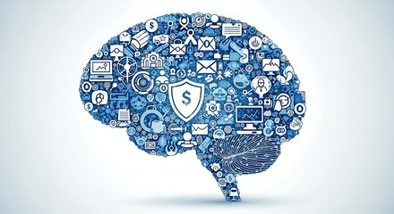 Digital Brain with Security Shield and Technology Icons.