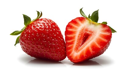 Fresh ripe strawberry whole and halved on white background