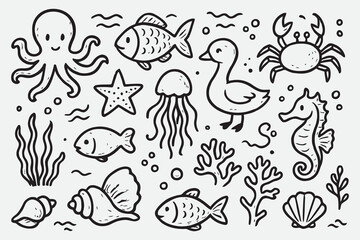 Playful Marine Creature Doodle Sketch Collection in Hand-Drawn Style