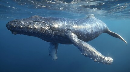 A majestic whale swims gracefully under the surface of the vast, deep blue ocean