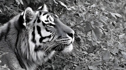 A majestic tiger in grayscale, partially obscured by lush green foliage. Focus on head and upper body